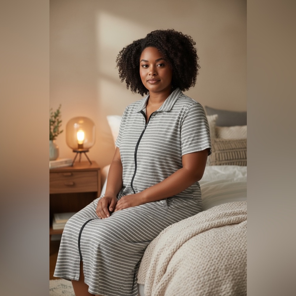 Ekouaer Gray Striped Women's Pajama Dress with Zipper